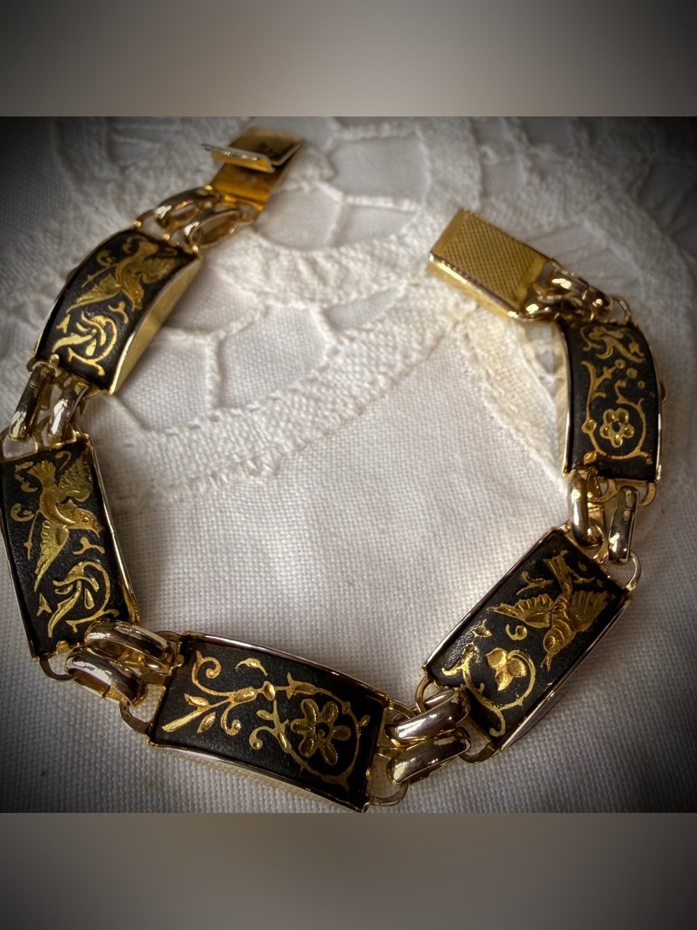 Vintage gold black Damascene panel link bracelet bird floral motif